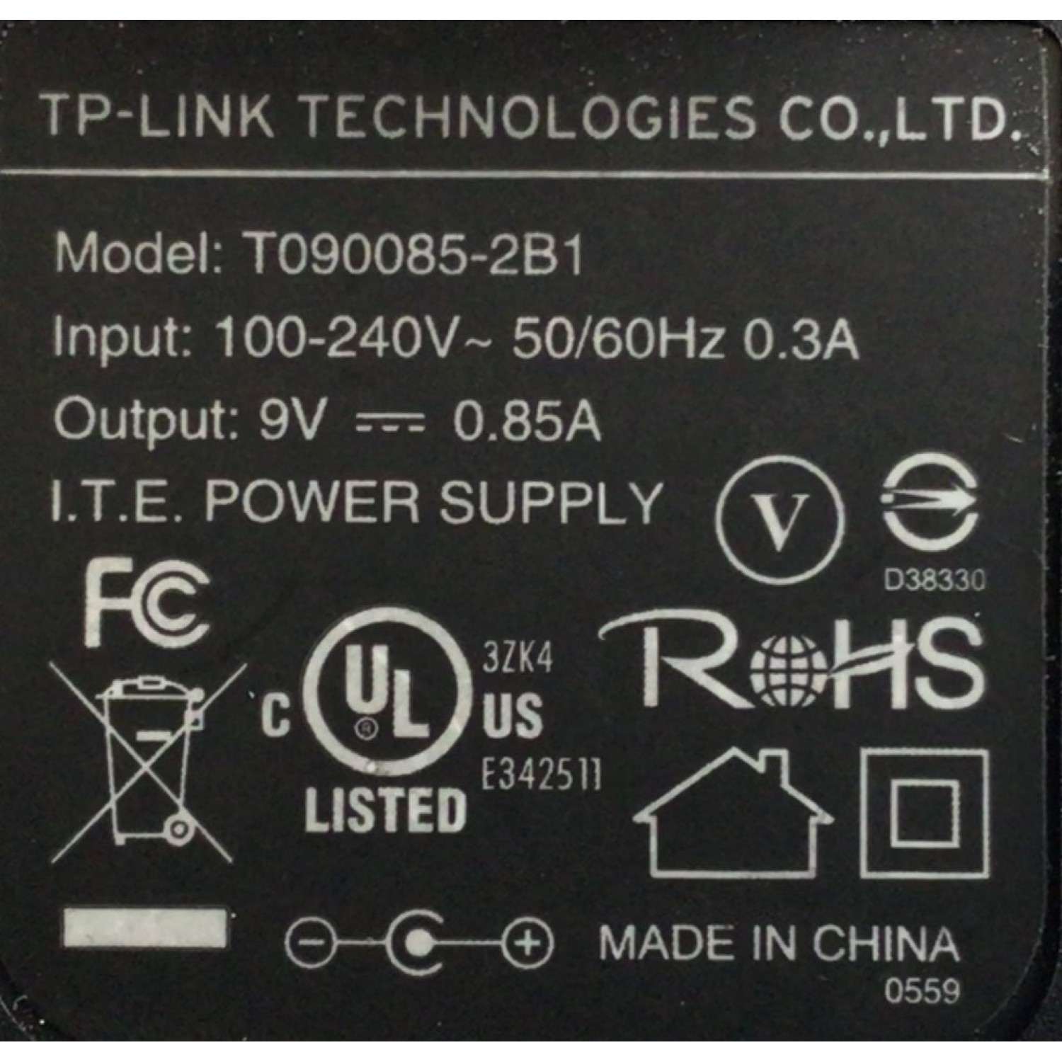 CARGADOR / ADAPTADOR DE FUENTE DE ALIMENTACION TP-LINK / VCA-VCD / NUMERO DE PARTE T090085-2B1 / ENTRADA VCA 100-240V~ 50/60HZ 0.3A / SALIDA VCD 9V 0.85A / MODELO T090085-2B1 - Imagen 2